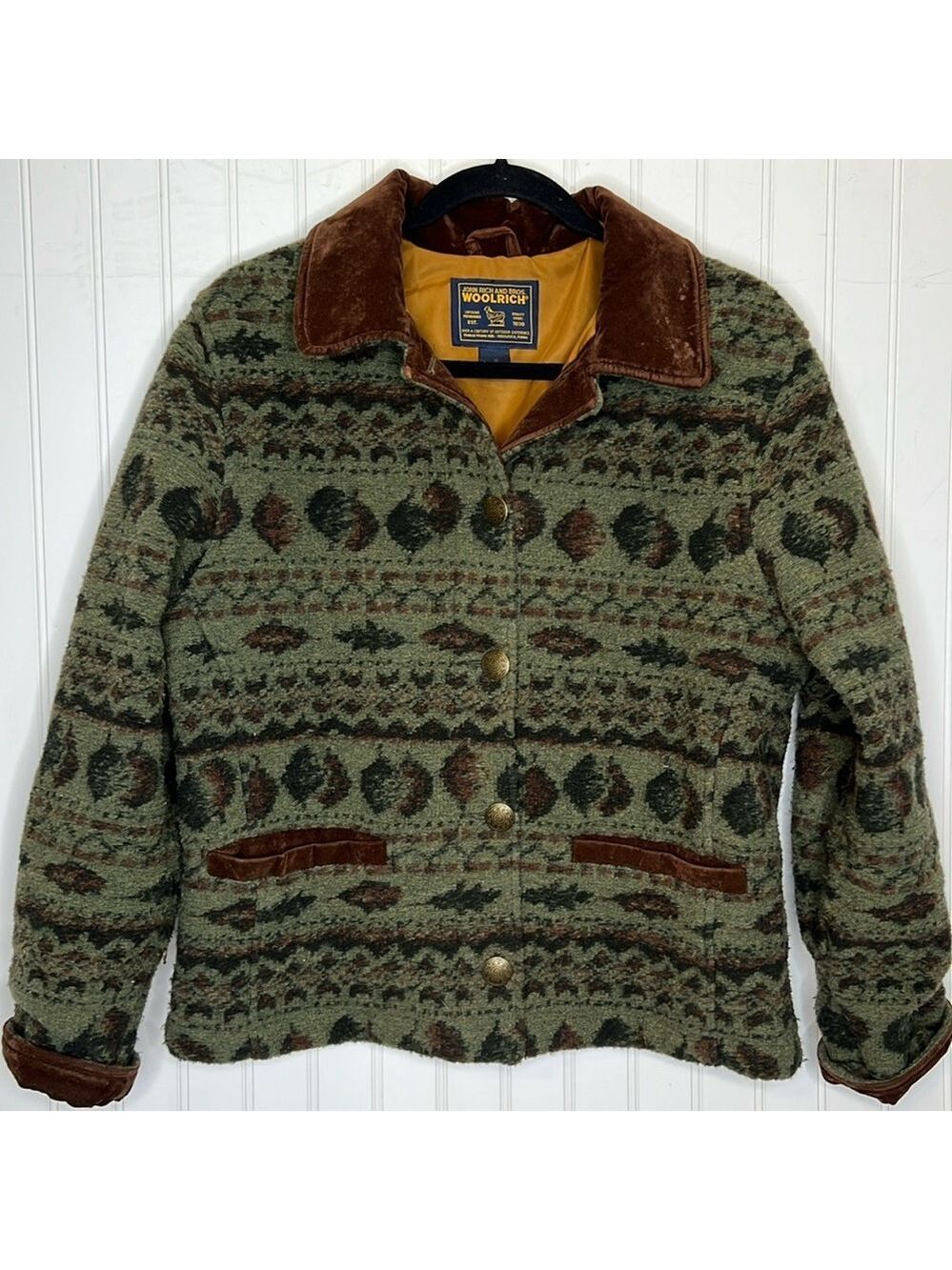 Vintage Woolrich Green Aztec Wool Blend Button Up Jacket Size Medium